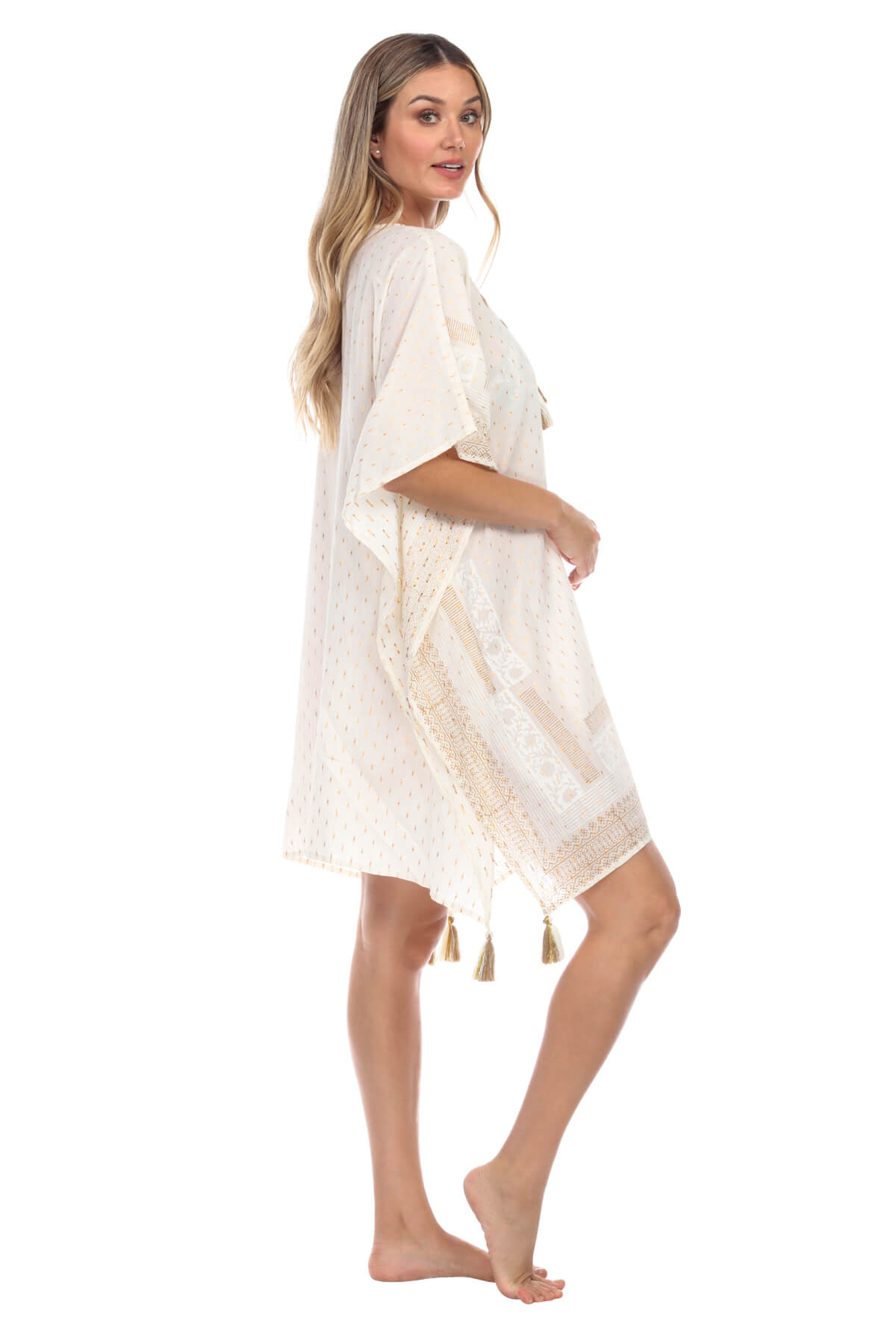 Divinia Embroidery Tassel-Tie Coverup Caftan Dress