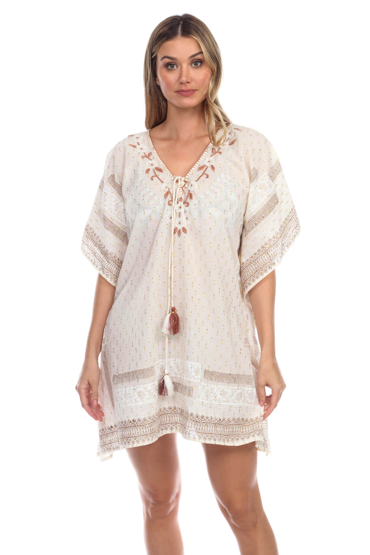 Divinia Embroidery Tassel-Tie Coverup Caftan Dress