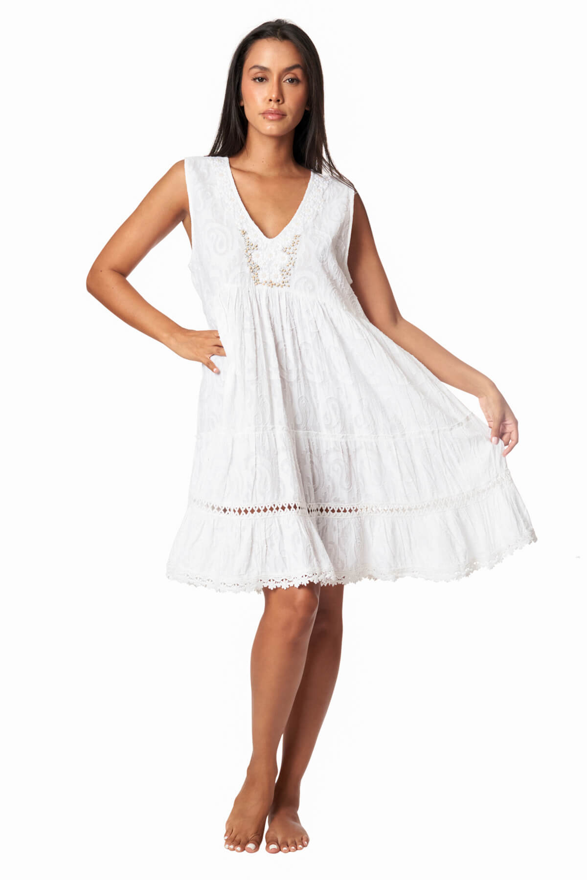 Finley White Solid Beaded Mini Cover Up Dress