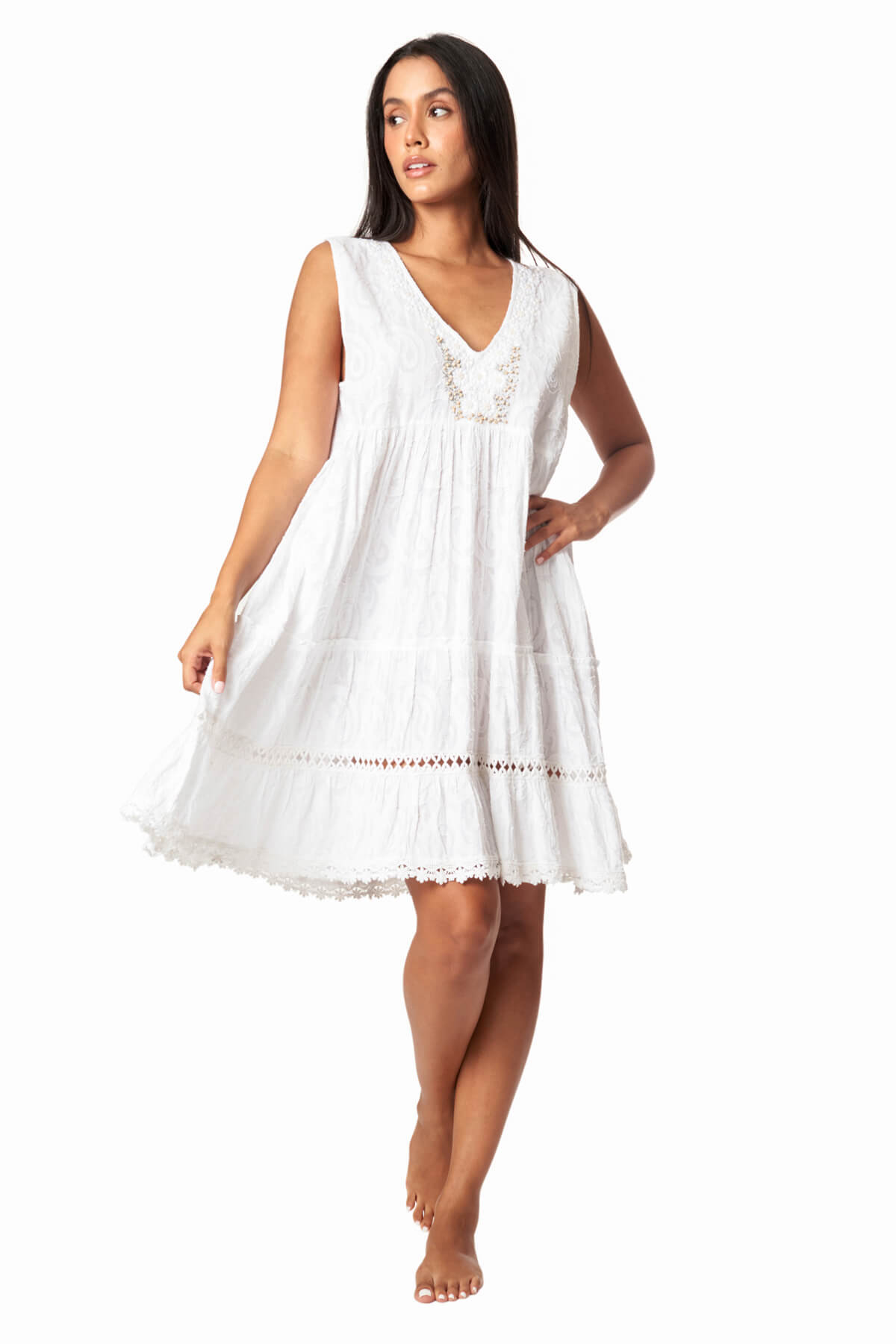 Finley White Solid Beaded Mini Cover Up Dress