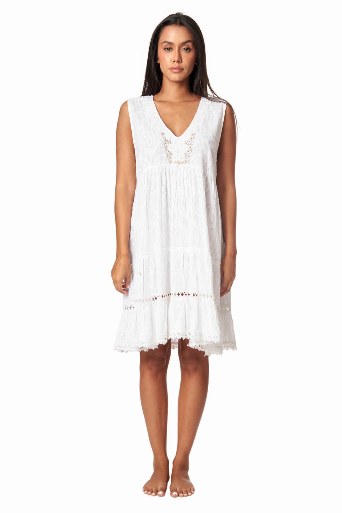 Finley White Solid Beaded Mini Cover Up Dress