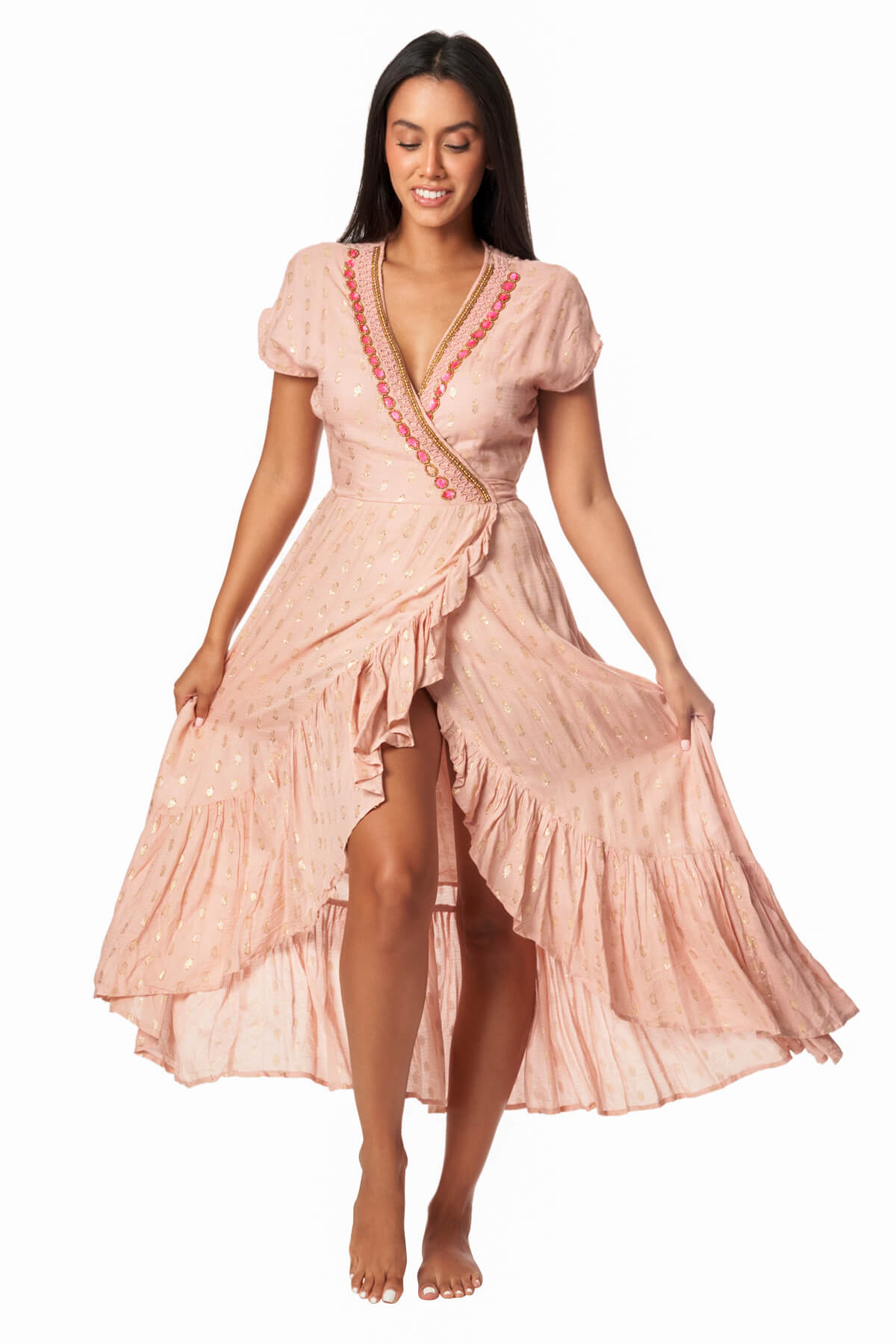 Zoe Peach Wrap Midi Dress