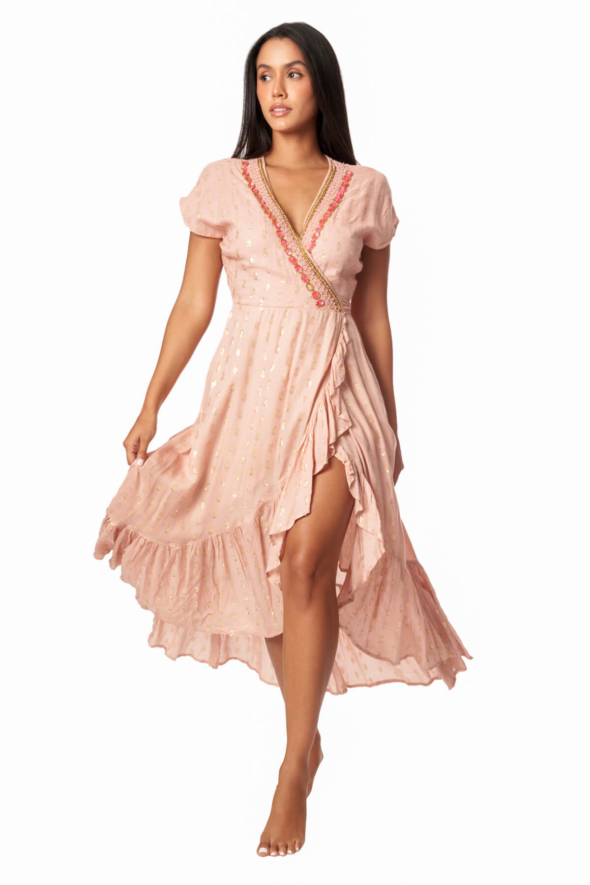 Zoe Peach Wrap Midi Dress