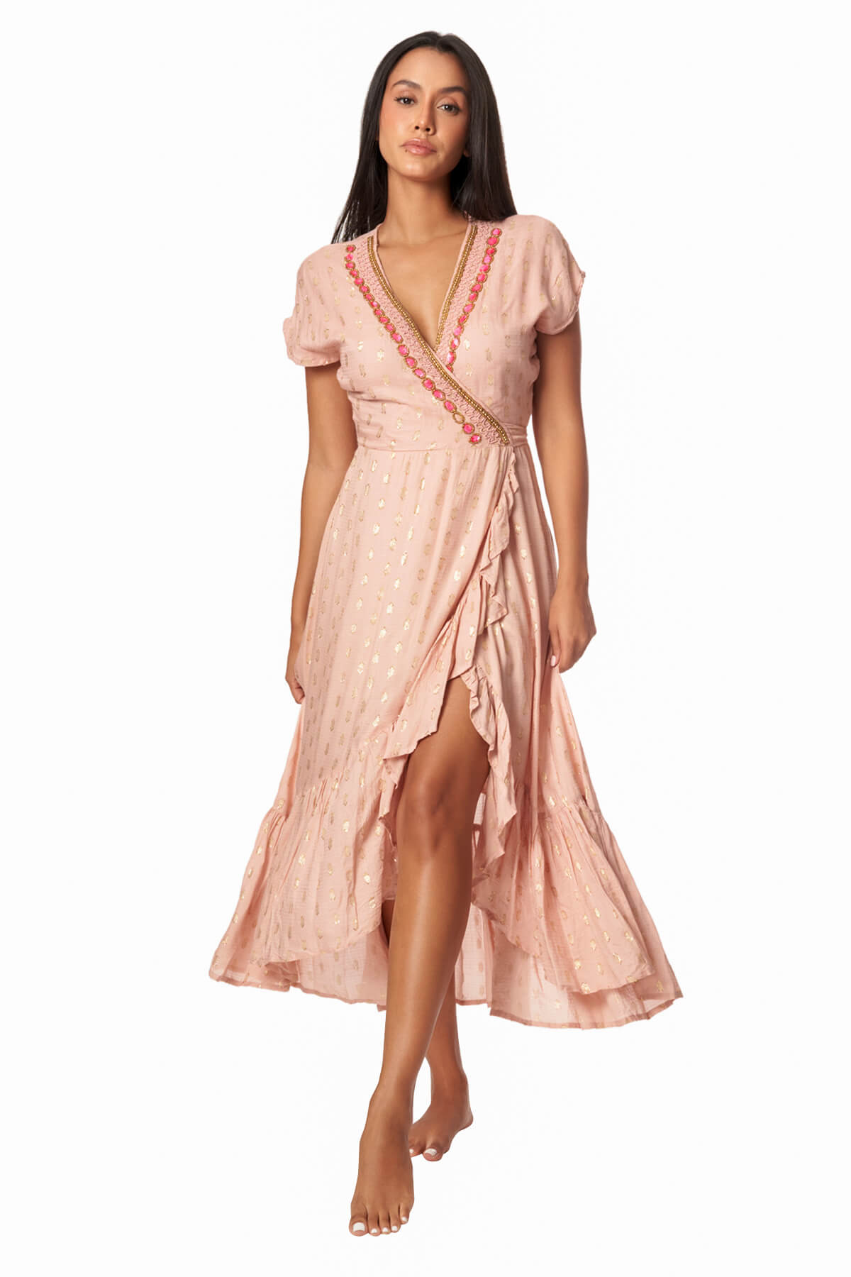 Zoe Peach Wrap Midi Dress