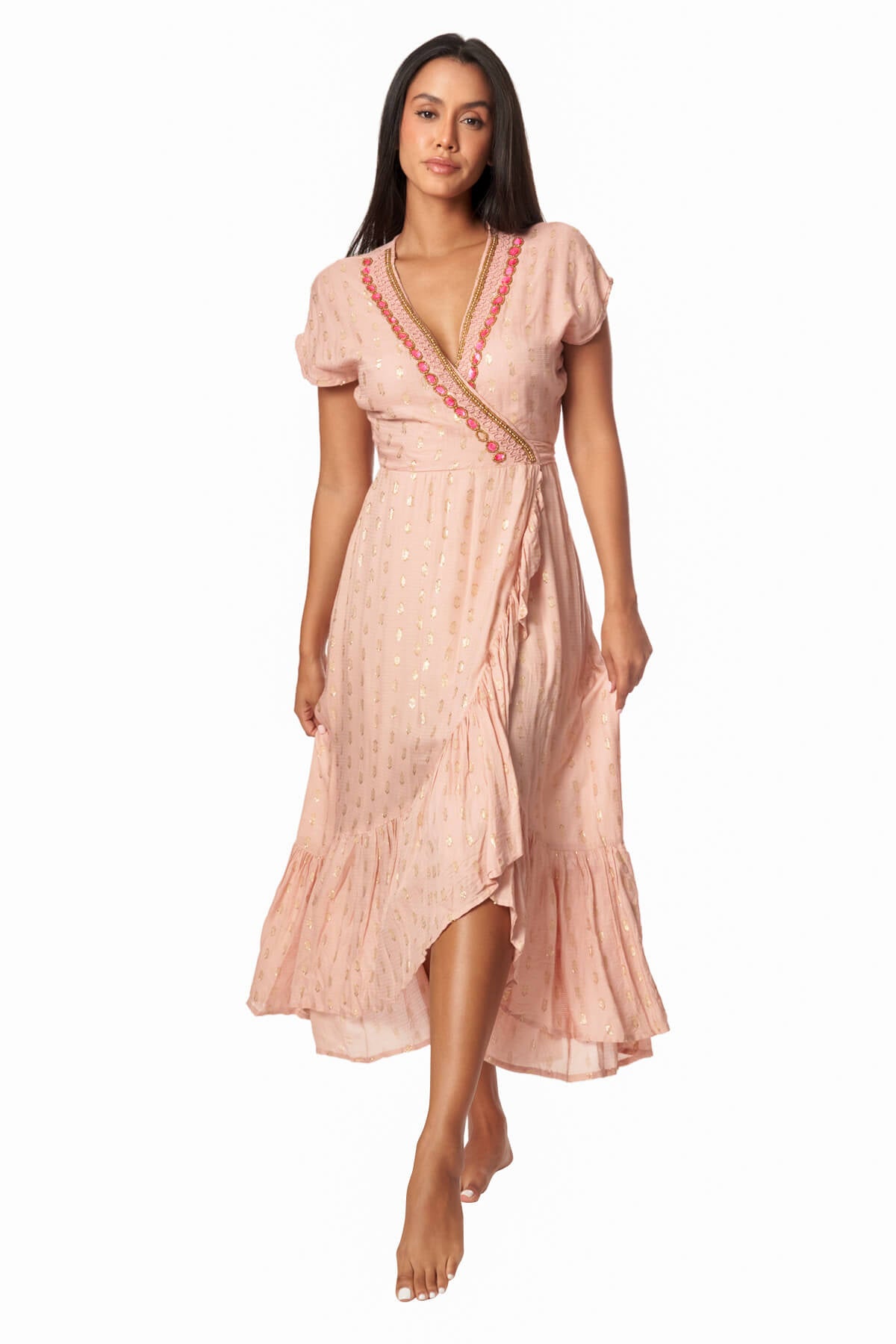 Zoe Peach Wrap Midi Dress