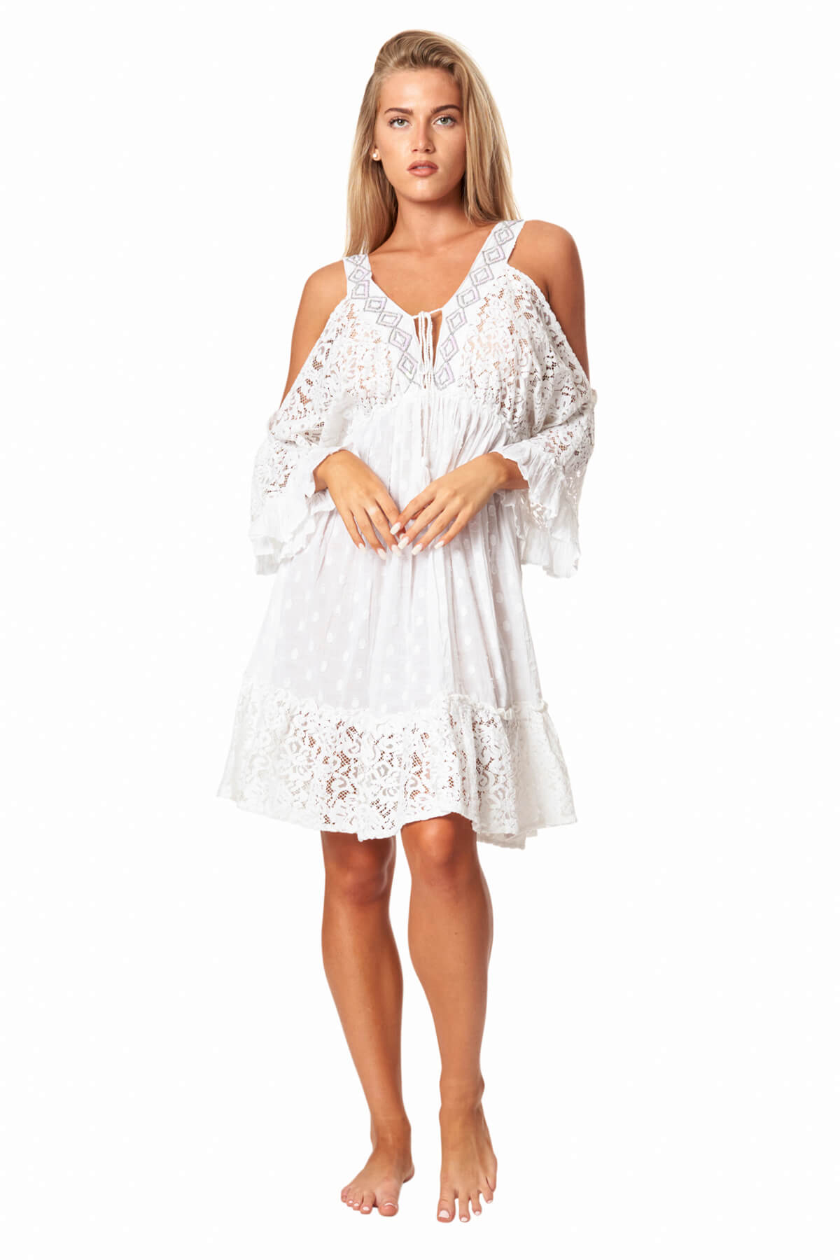 Lisa Open Shoulder Lace Mini Dress