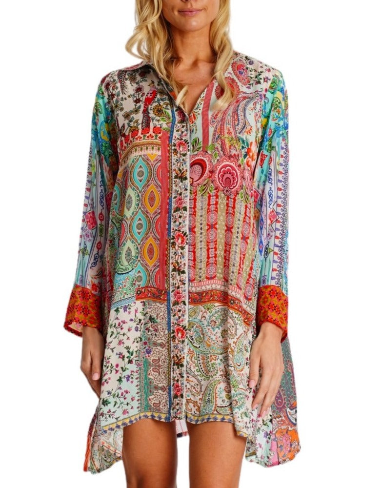 Seychelles Short Asymmetrical Dress with V-Neck and Long  Sleeves