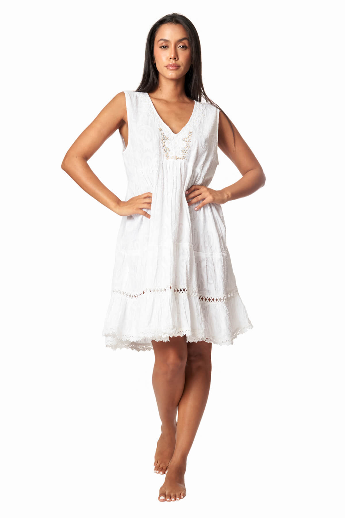 Finley White Solid Beaded Mini Cover Up Dress