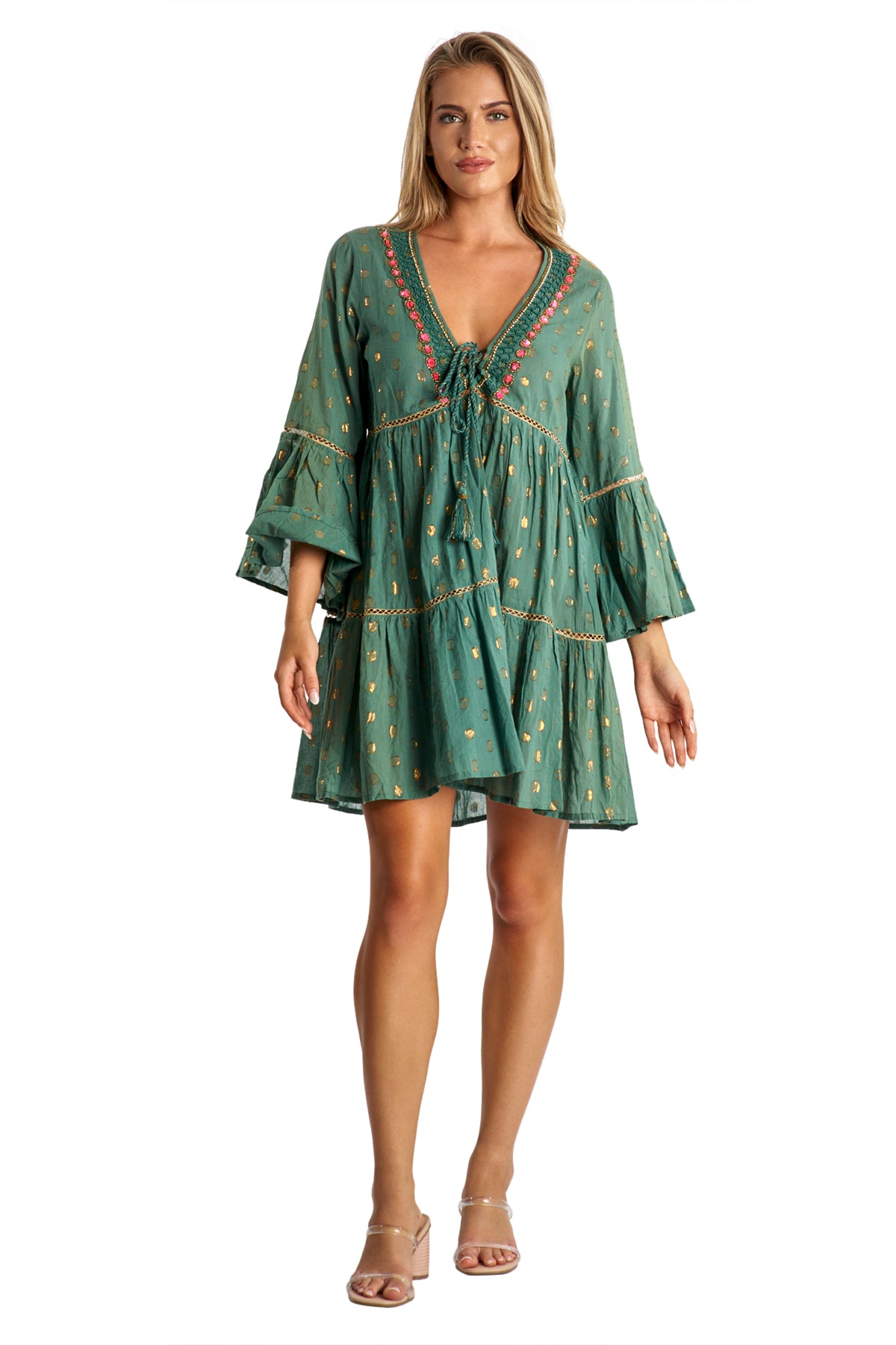 Maiori Green Short Dress with Gold Polka Dots